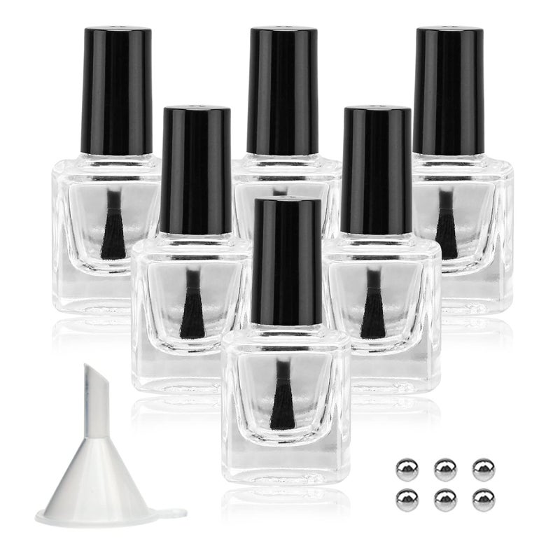 Agidea 6PCS Empty Nail Polish Bottles with Funnel, Empty Fingernail Polish Bottles Glass Rectangle with Brush & Mixing Balls Black (10ML) - Image 1